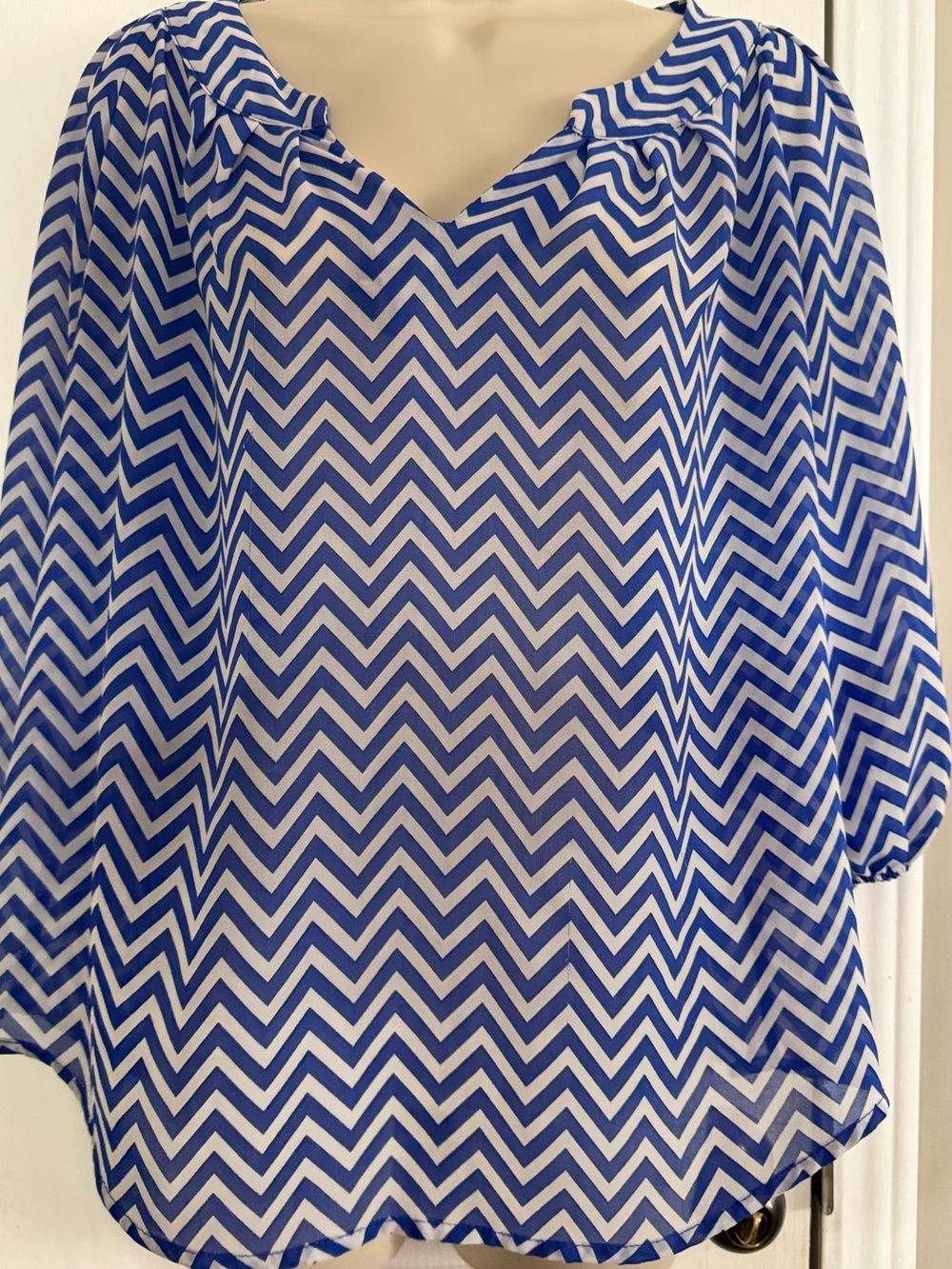 My Michelle Blue and White Chevron V-Neck Blouse